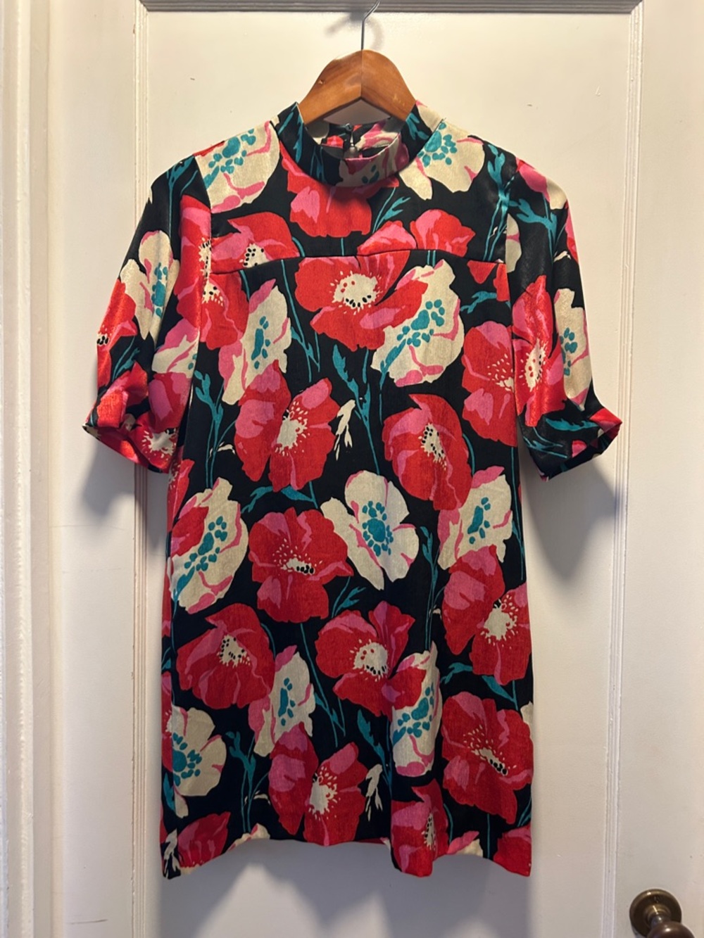 Zara Black Midi Dress with Red & Cream Floral Print